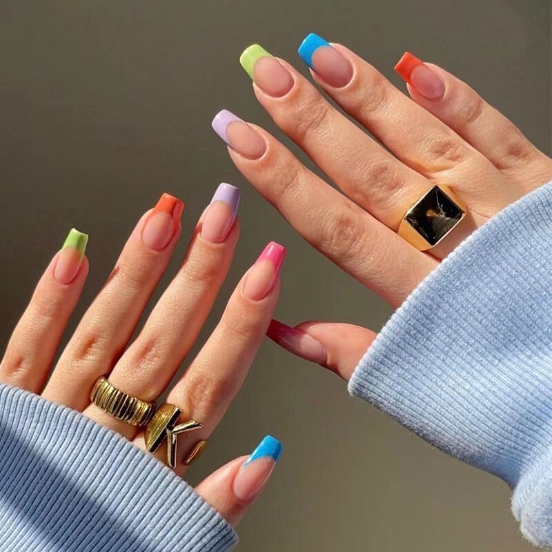 24pcs Coffin False Nails Glitter Rainbow Flowers Press on Nail Patch Short Manicure Nail Tips False Nail Acrylic Patch wholesale