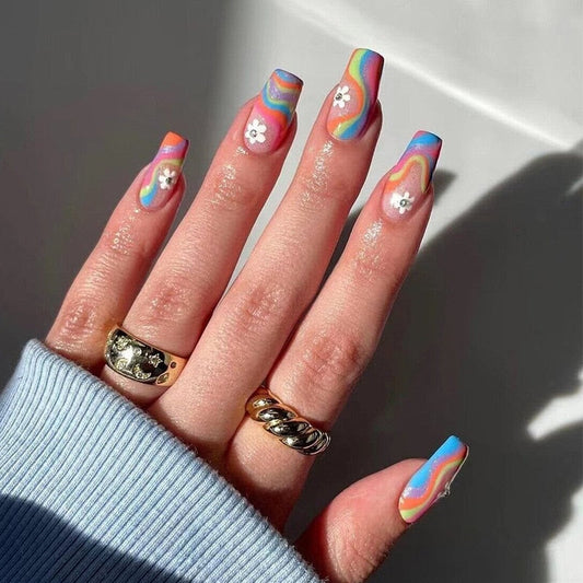 24pcs Coffin False Nails Glitter Rainbow Flowers Press on Nail Patch Short Manicure Nail Tips False Nail Acrylic Patch wholesale
