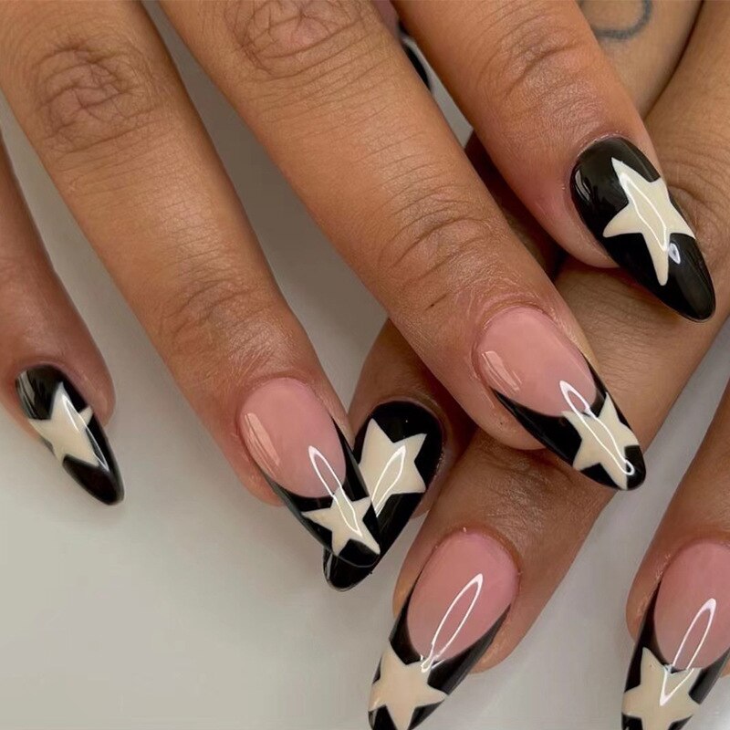 24pcs Cool y2k Style False Nails Fashion Glitter Star Design Press on Nail Patch Full Finished Wearable Artificial Nail Tips