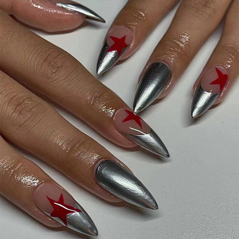 24pcs Cool y2k Style False Nails Fashion Glitter Star Design Press on Nail Patch Full Finished Wearable Artificial Nail Tips