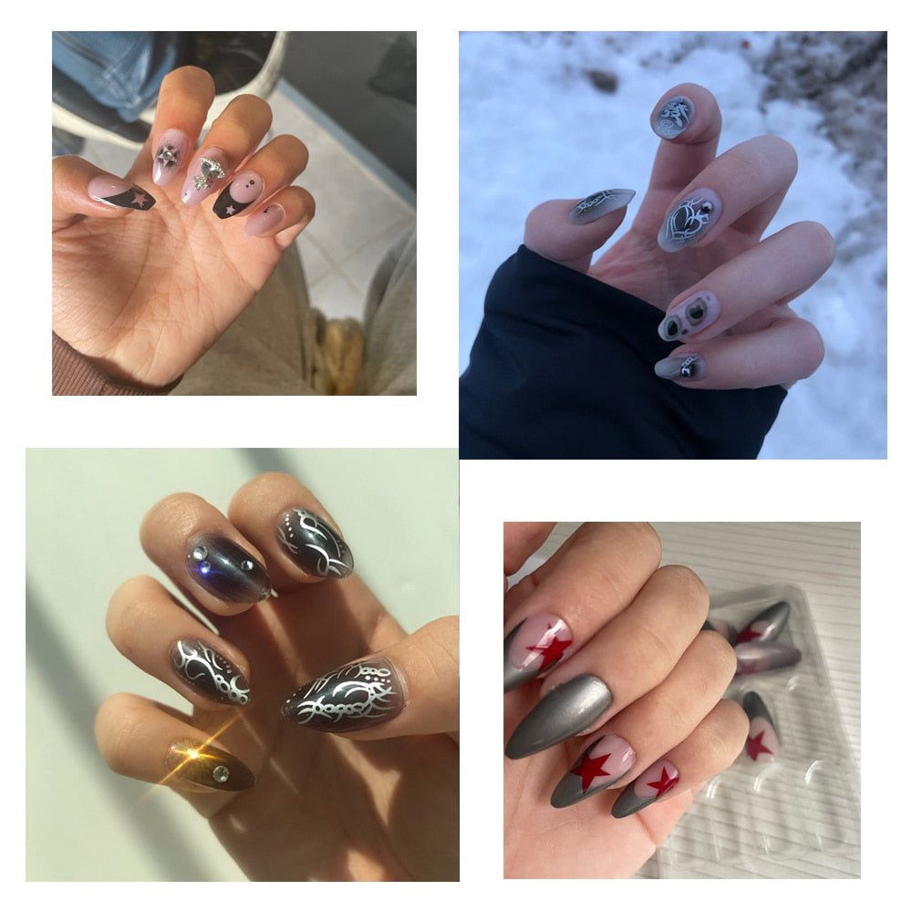 24pcs Cool y2k Style False Nails Fashion Glitter Star Design Press on Nail Patch Full Finished Wearable Artificial Nail Tips