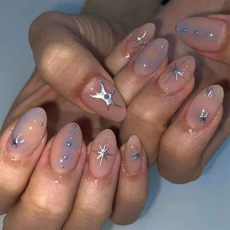 24pcs Cool y2k Style False Nails Fashion Glitter Star Design Press on Nail Patch Full Finished Wearable Artificial Nail Tips