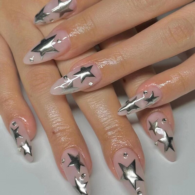 24pcs Cool y2k Style False Nails Fashion Glitter Star Design Press on Nail Patch Full Finished Wearable Artificial Nail Tips