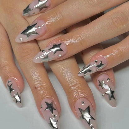 24pcs Cool y2k Style False Nails Fashion Glitter Star Design Press on Nail Patch Full Finished Wearable Artificial Nail Tips