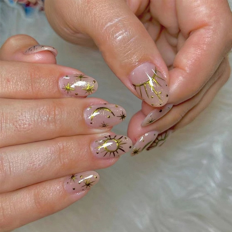 24pcs Cool y2k Style False Nails Fashion Glitter Star Design Press on Nail Patch Full Finished Wearable Artificial Nail Tips