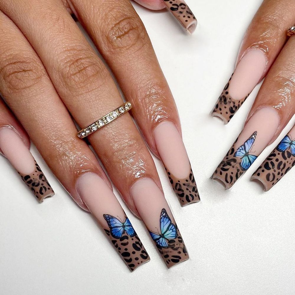 24pcs Detachable Coffin False Nails Chestnut Brown Leopard Butterfly Full Cover Fake Nails DIY Glue Press On Nails Nail Supplies