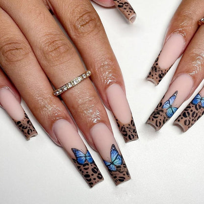 24pcs Detachable Coffin False Nails Chestnut Brown Leopard Butterfly Full Cover Fake Nails DIY Glue Press On Nails Nail Supplies