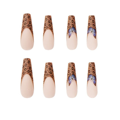24pcs Detachable Coffin False Nails Chestnut Brown Leopard Butterfly Full Cover Fake Nails DIY Glue Press On Nails Nail Supplies