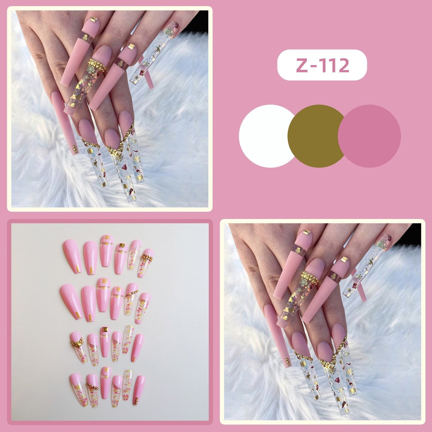 24pcs Detachable XL Ballerina flower artificial nails with designs Full Cover French fake nails set press on diamond false nails