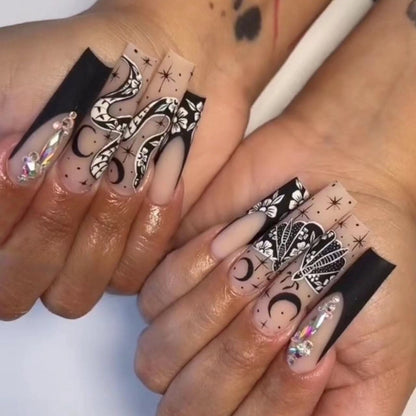 24pcs Detachable XL Ballerina flower artificial nails with designs Full Cover French fake nails set press on diamond false nails