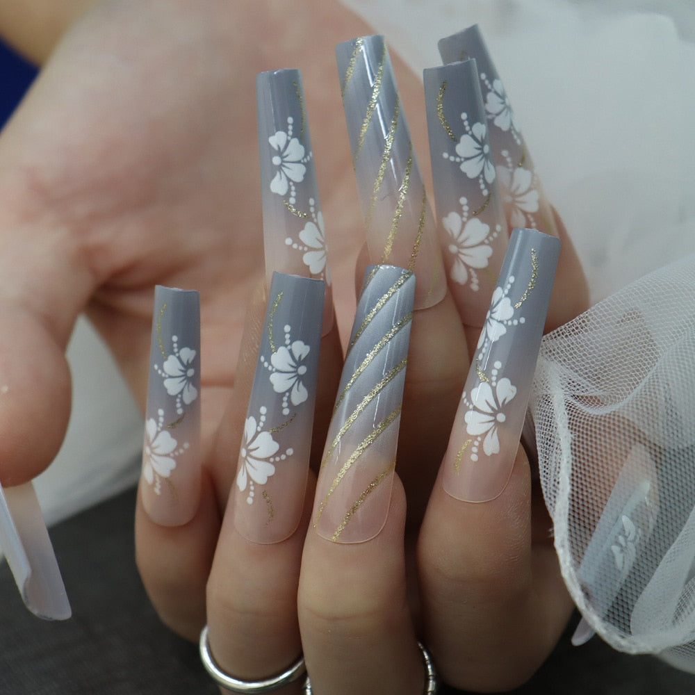 24pcs Detachable XL Ballerina flower artificial nails with designs Full Cover French fake nails set press on diamond false nails