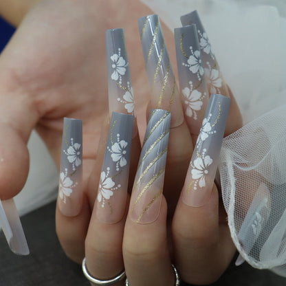 24pcs Detachable XL Ballerina flower artificial nails with designs Full Cover French fake nails set press on diamond false nails