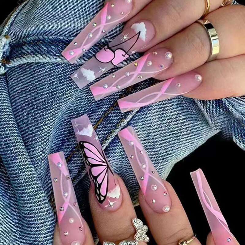24pcs Detachable XL Ballerina flower artificial nails with designs Full Cover French fake nails set press on diamond false nails