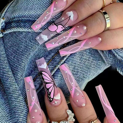 24pcs Detachable XL Ballerina flower artificial nails with designs Full Cover French fake nails set press on diamond false nails