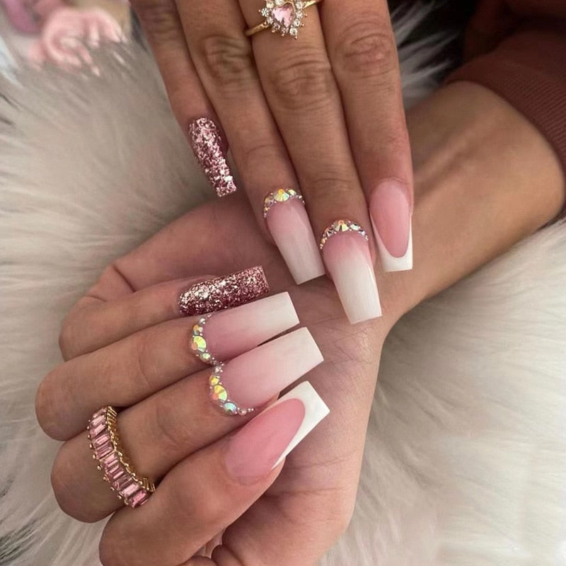 24pcs Detachable XL Ballerina flower artificial nails with designs Full Cover French fake nails set press on diamond false nails