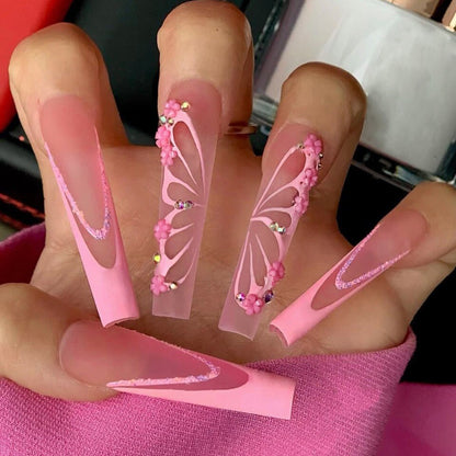 24pcs Detachable XL Ballerina flower artificial nails with designs Full Cover French fake nails set press on diamond false nails