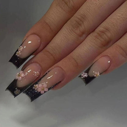 24pcs Detachable XL Ballerina flower artificial nails with designs Full Cover French fake nails set press on diamond false nails