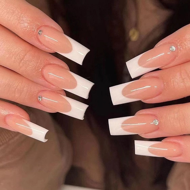 24pcs Detachable XL Ballerina flower artificial nails with designs Full Cover French fake nails set press on diamond false nails