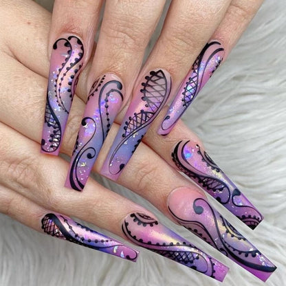 24pcs Detachable XL Ballerina flower artificial nails with designs Full Cover French fake nails set press on diamond false nails