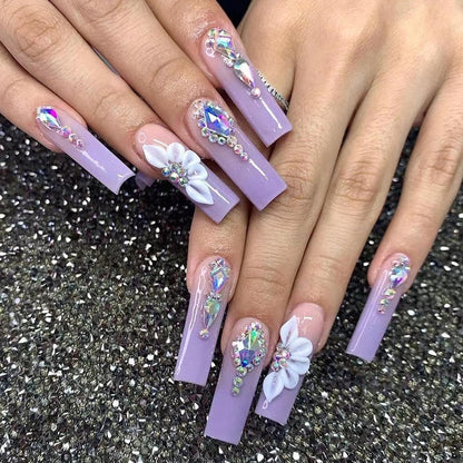 24pcs Detachable XL Ballerina flower artificial nails with designs Full Cover French fake nails set press on diamond false nails