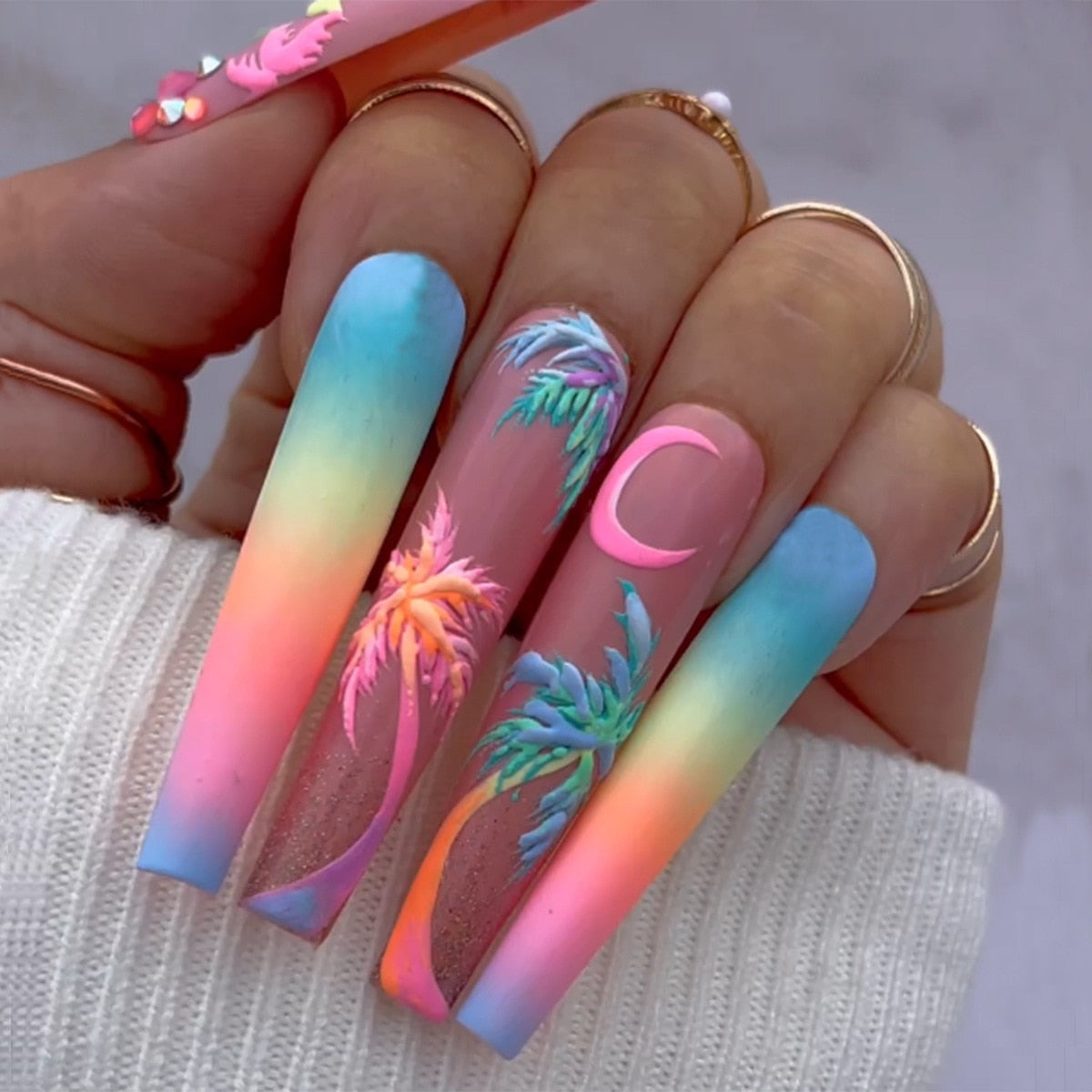 24pcs Detachable XL Ballerina flower artificial nails with designs Full Cover French fake nails set press on diamond false nails