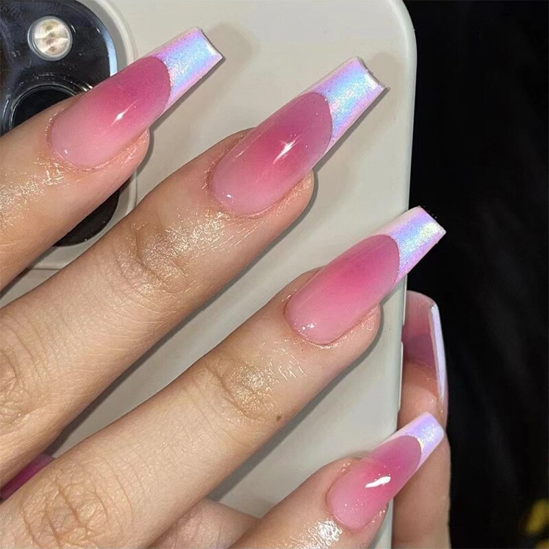 24pcs Detachable XL Ballerina flower artificial nails with designs Full Cover French fake nails set press on diamond false nails