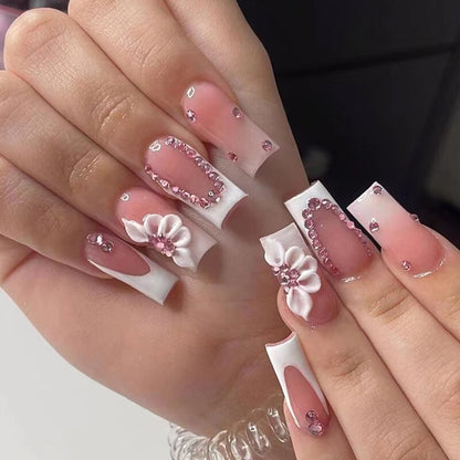 24pcs Detachable XL Ballerina flower artificial nails with designs Full Cover French fake nails set press on diamond false nails
