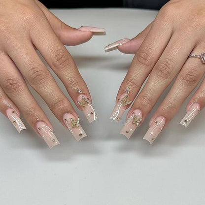 24pcs Detachable XL Ballerina flower artificial nails with designs Full Cover French fake nails set press on diamond false nails