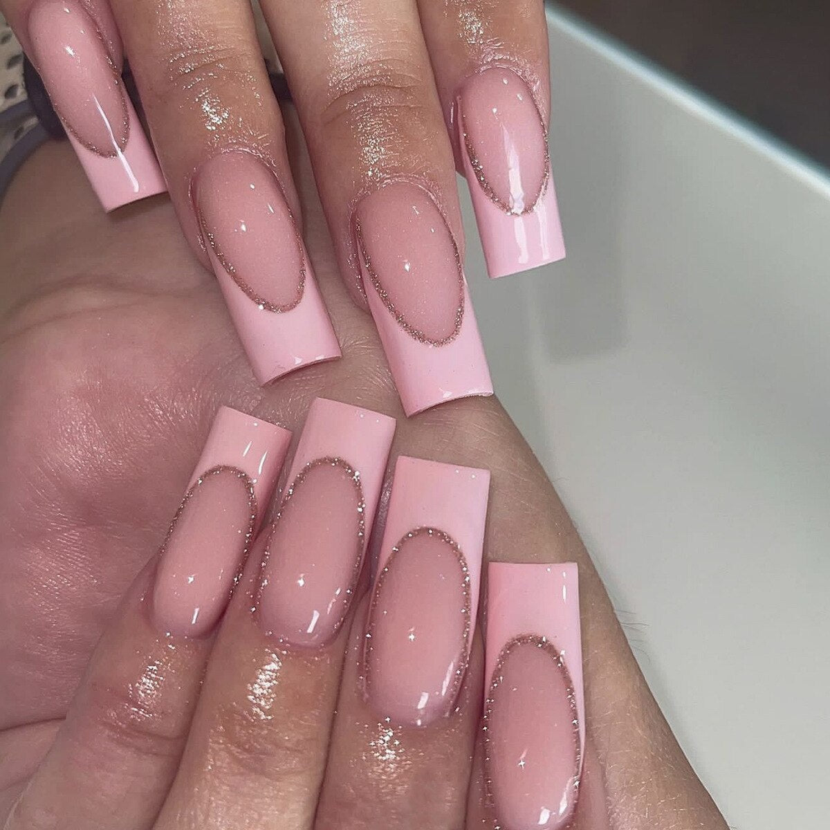 24pcs Detachable XL Ballerina flower artificial nails with designs Full Cover French fake nails set press on diamond false nails