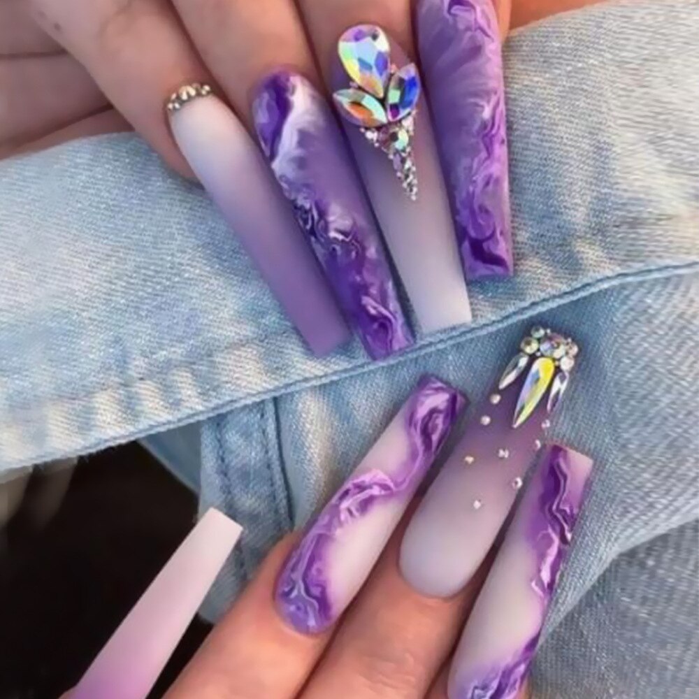 24pcs Detachable XL Ballerina flower artificial nails with designs Full Cover French fake nails set press on diamond false nails
