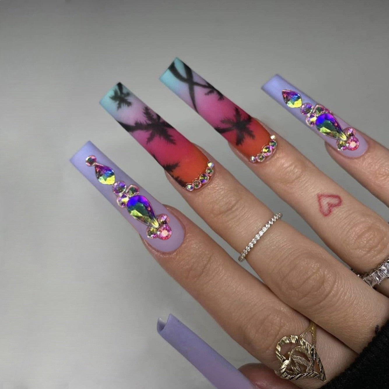 24pcs Detachable XL Ballerina flower artificial nails with designs Full Cover French fake nails set press on diamond false nails