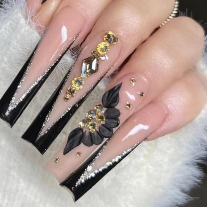 24pcs Detachable XL Ballerina flower artificial nails with designs Full Cover French fake nails set press on diamond false nails