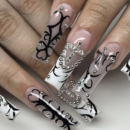 24pcs Detachable XL Ballerina flower artificial nails with designs Full Cover French fake nails set press on diamond false nails