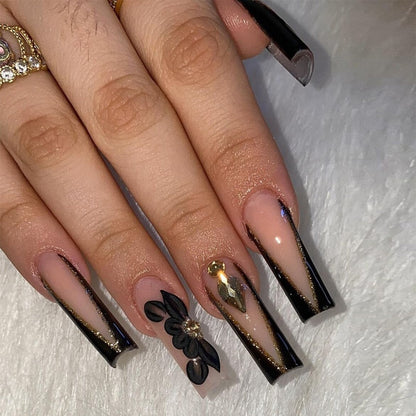 24pcs Detachable XL Ballerina flower artificial nails with designs Full Cover French fake nails set press on diamond false nails
