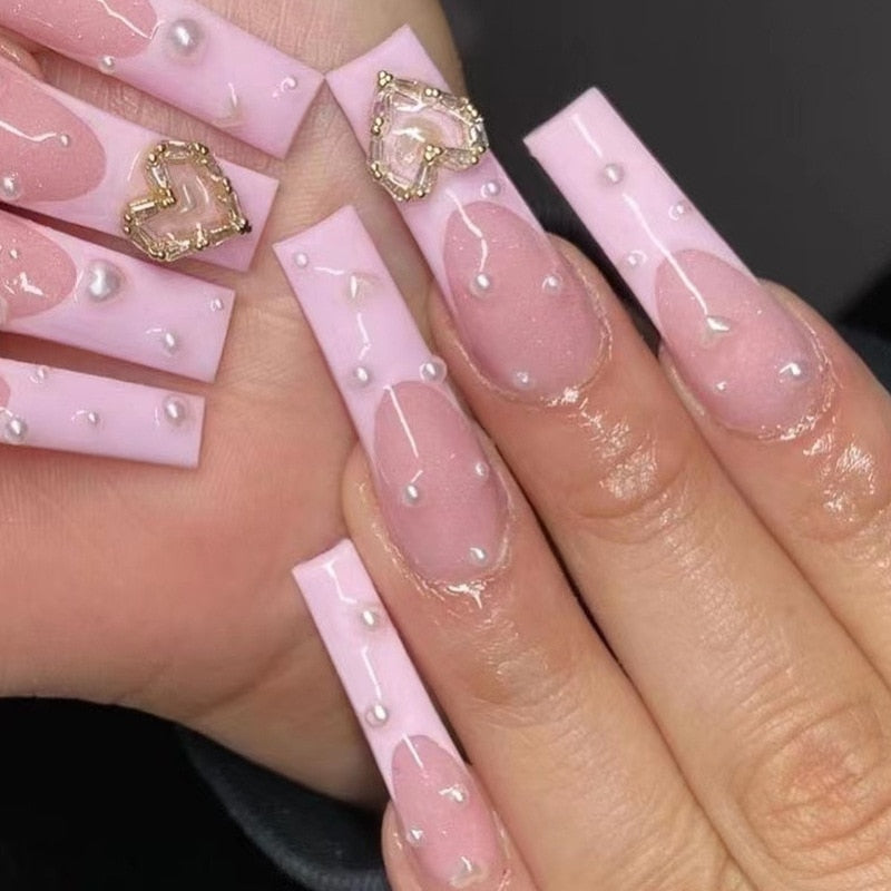 24pcs Detachable XL Ballerina flower artificial nails with designs Full Cover French fake nails set press on diamond false nails