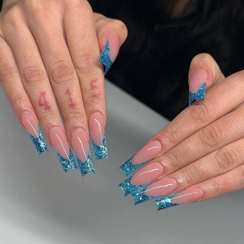 24pcs Detachable XL Ballerina flower artificial nails with designs Full Cover French fake nails set press on diamond false nails