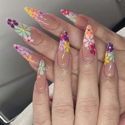 24pcs Detachable XL Ballerina flower artificial nails with designs Full Cover French fake nails set press on diamond false nails
