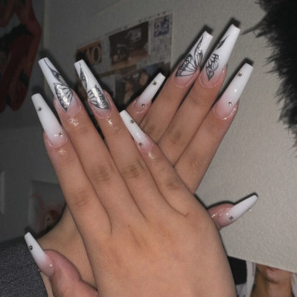 24pcs Detachable XL Ballerina flower artificial nails with designs Full Cover French fake nails set press on diamond false nails