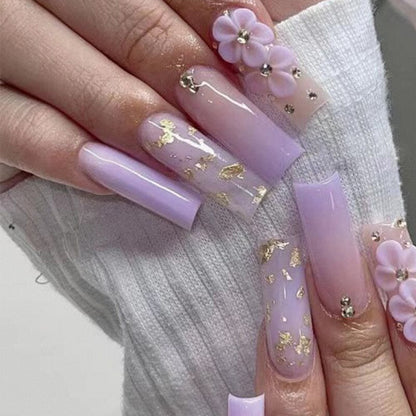 24pcs Detachable XL Ballerina flower artificial nails with designs Full Cover French fake nails set press on diamond false nails