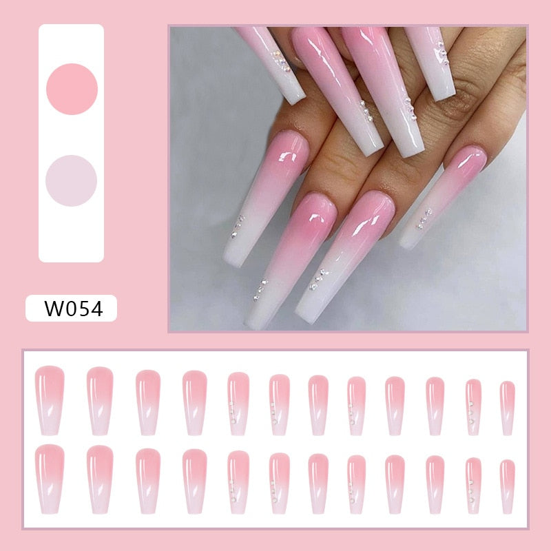 24pcs Douyin 2024 Nail Press on Long Ballet False Nails Extension Tip Reusable Adhesive Y2k Pink Black Sweet Cool Style Manicure