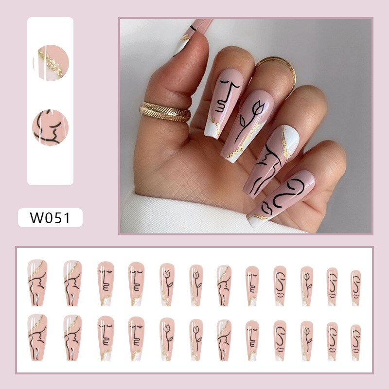 24pcs Douyin 2024 Nail Press on Long Ballet False Nails Extension Tip Reusable Adhesive Y2k Pink Black Sweet Cool Style Manicure