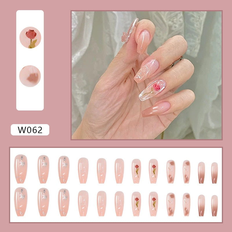 24pcs Douyin 2024 Nail Press on Long Ballet False Nails Extension Tip Reusable Adhesive Y2k Pink Black Sweet Cool Style Manicure