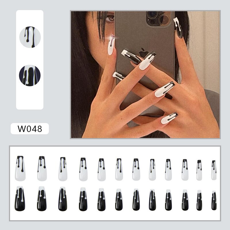 24pcs Douyin 2024 Nail Press on Long Ballet False Nails Extension Tip Reusable Adhesive Y2k Pink Black Sweet Cool Style Manicure