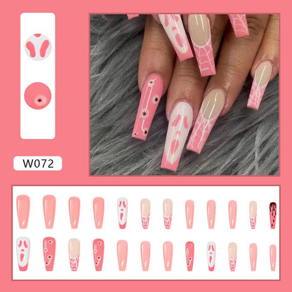 24pcs Douyin 2024 Nail Press on Long Ballet False Nails Extension Tip Reusable Adhesive Y2k Pink Black Sweet Cool Style Manicure