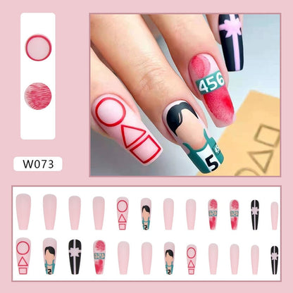 24pcs Douyin 2024 Nail Press on Long Ballet False Nails Extension Tip Reusable Adhesive Y2k Pink Black Sweet Cool Style Manicure