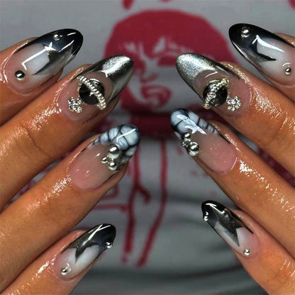 24pcs Fake Nails Press on Nails Y2k Korean False Nails Set Rhinestone Wearable Artificial Nails Reusable Long Coffin French Tips