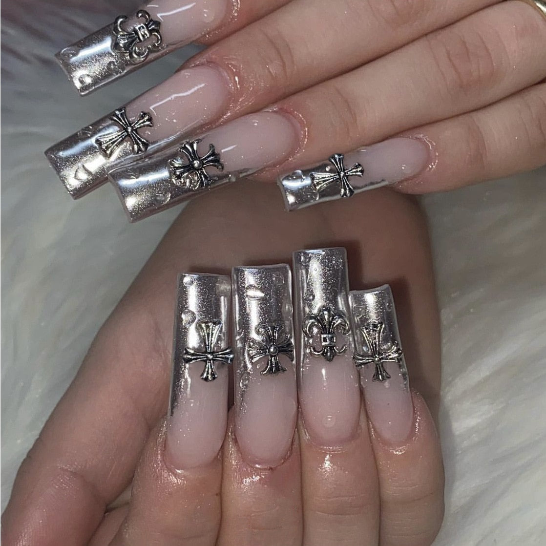24pcs Fake Nails Press on Nails Y2k Korean False Nails Set Rhinestone Wearable Artificial Nails Reusable Long Coffin French Tips
