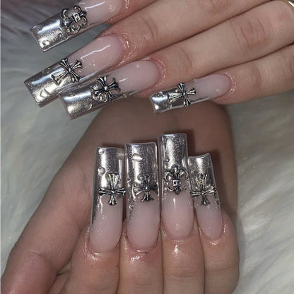24pcs Fake Nails Press on Nails Y2k Korean False Nails Set Rhinestone Wearable Artificial Nails Reusable Long Coffin French Tips