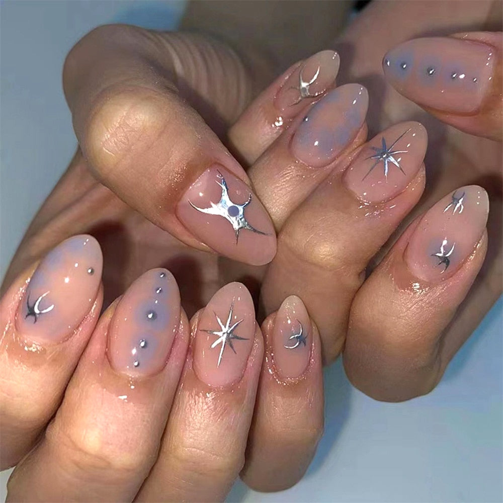 24pcs Fake Nails Press on Nails Y2k Korean False Nails Set Rhinestone Wearable Artificial Nails Reusable Long Coffin French Tips