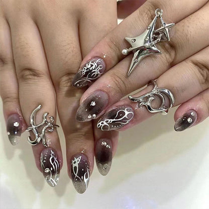 24pcs Fake Nails Press on Nails Y2k Korean False Nails Set Rhinestone Wearable Artificial Nails Reusable Long Coffin French Tips